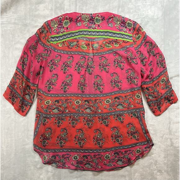 Hale Bob Silk Print Beaded Size Small Cabana Peasant Top Boho Chic Resort Blouse - Picture 3 of 12